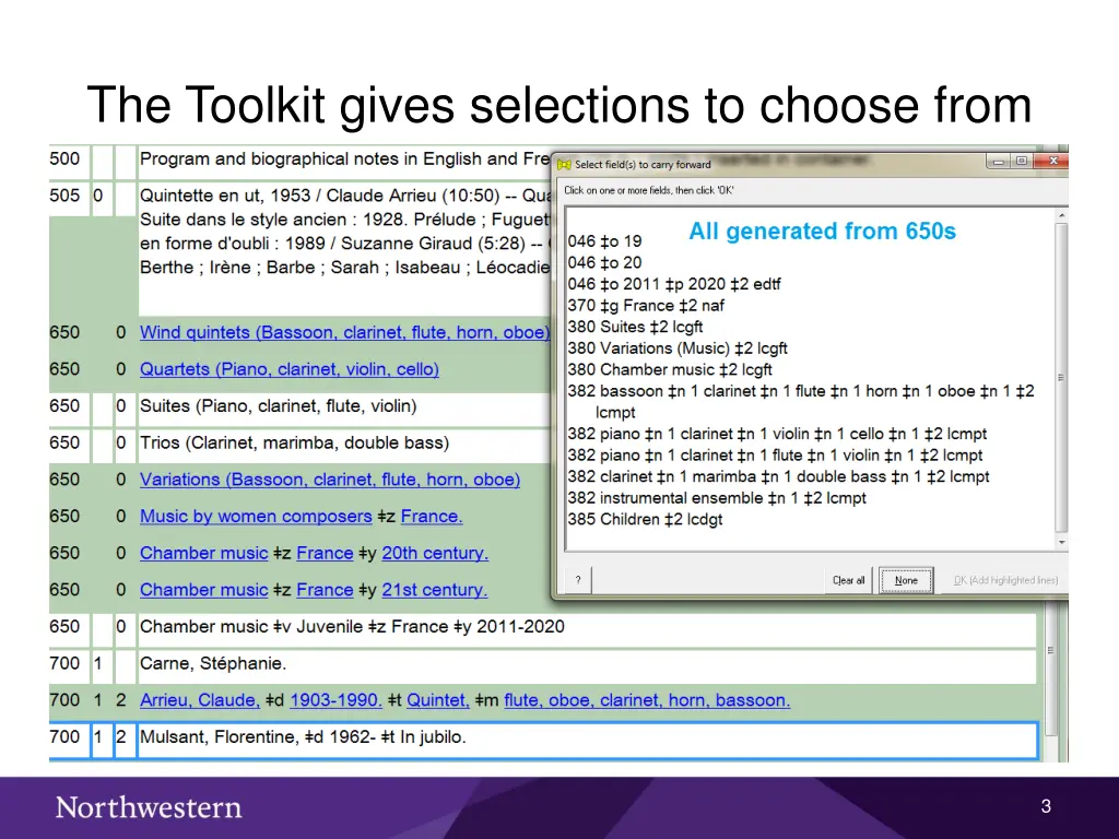 the toolkit gives selections to choose from