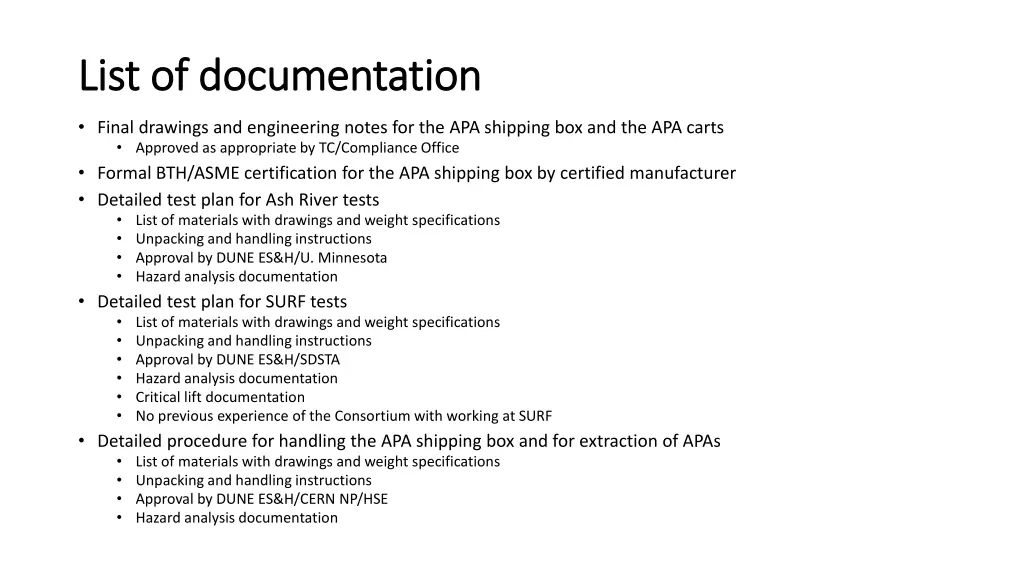 list of documentation list of documentation