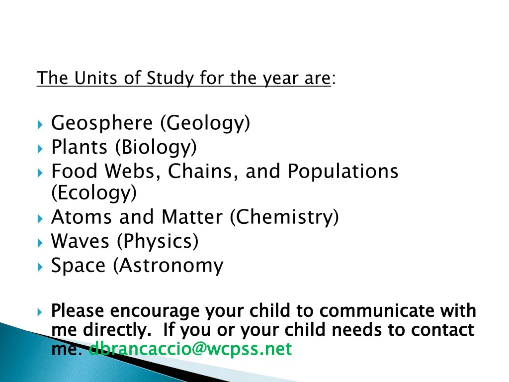 the units of study for the year are