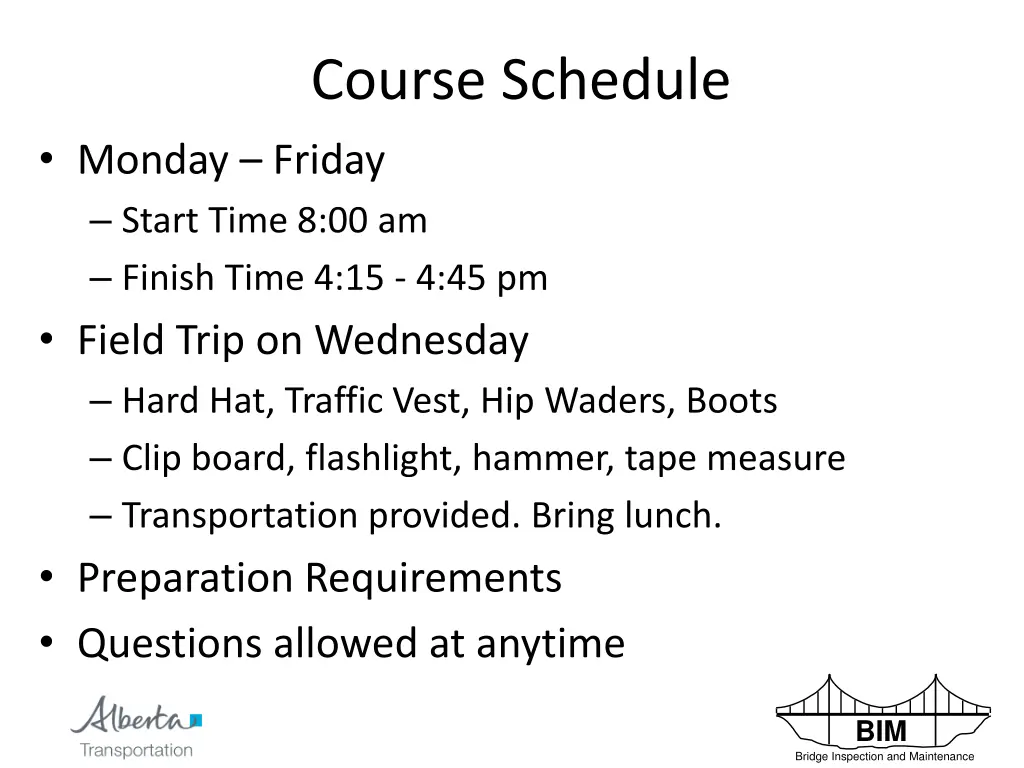 course schedule
