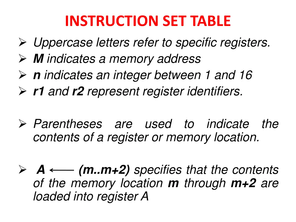 instruction set table uppercase letters refer