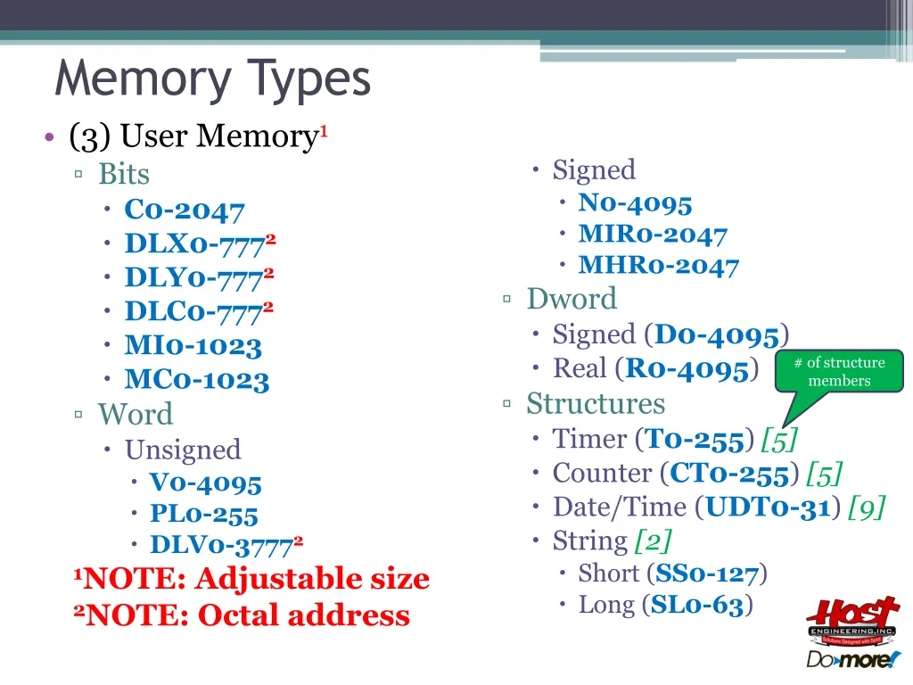 memory types 3 user memory 1 bits c0 2047 dlx0