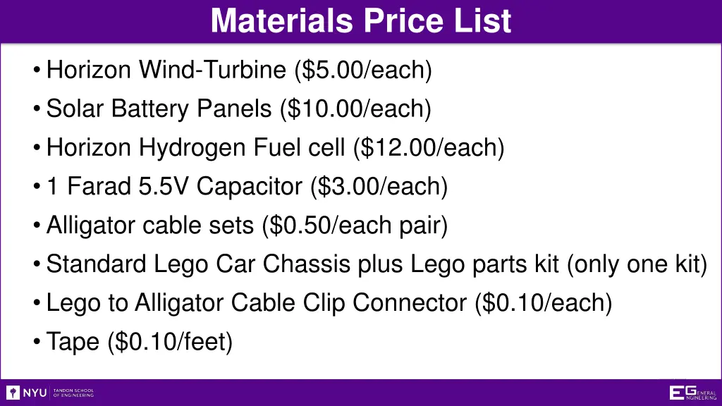 materials price list