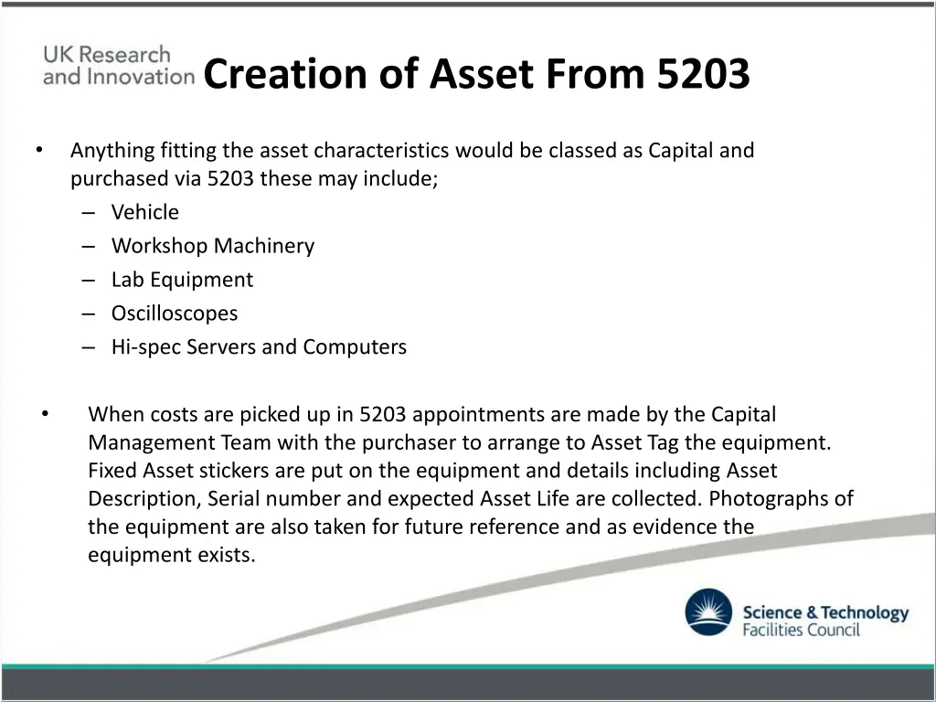 creation of asset from 5203 1