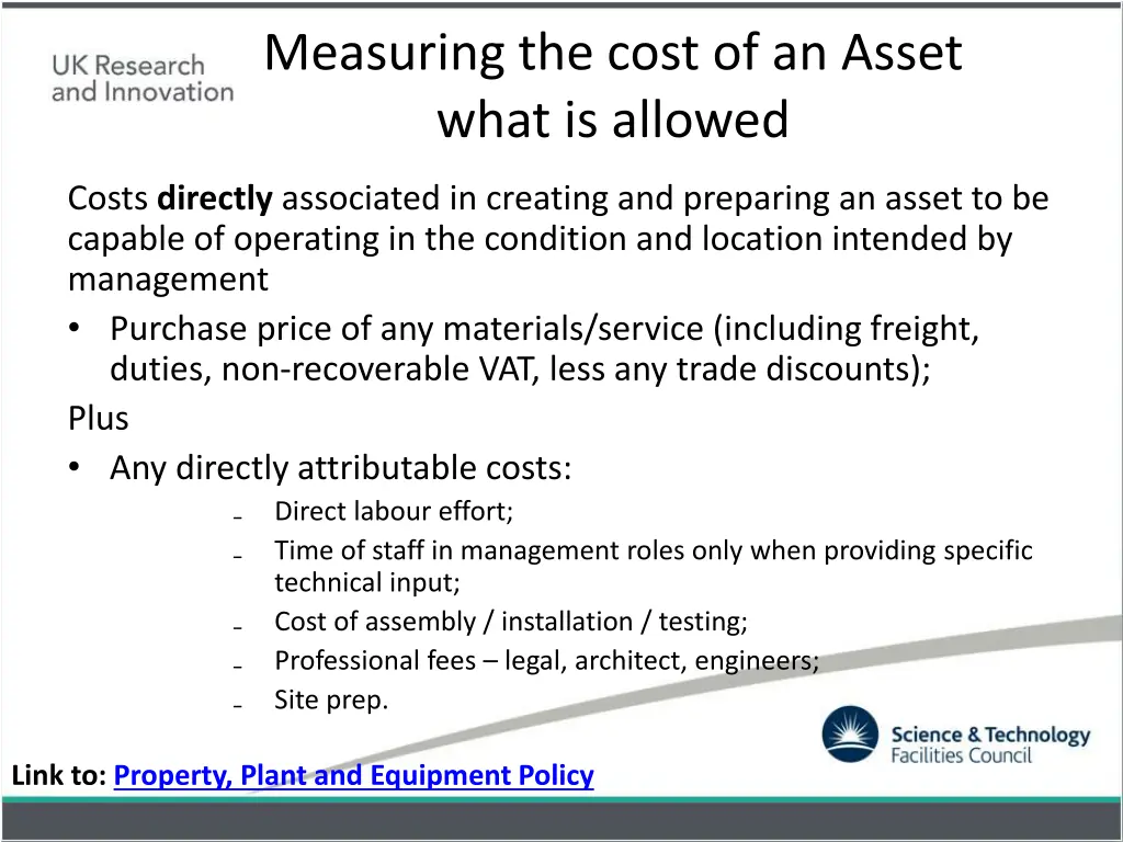measuring the cost of an asset what is allowed