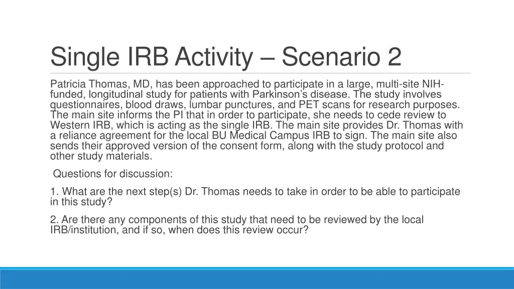 single irb activity scenario 2