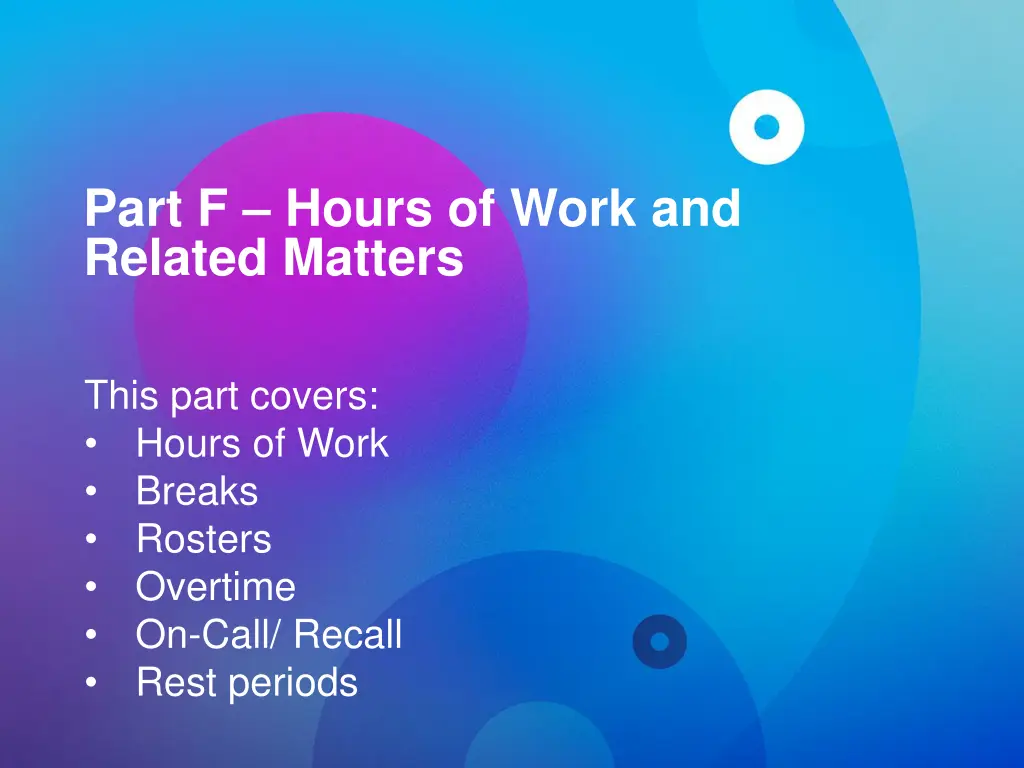 part f hours of work and related matters