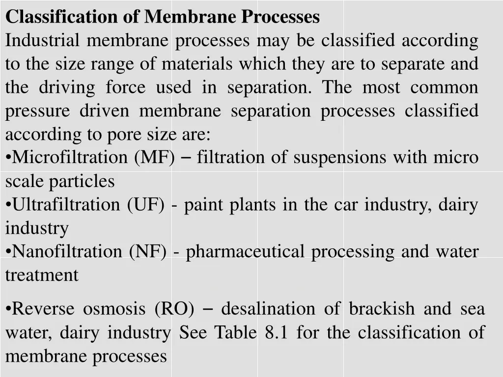 classification of membrane processes industrial