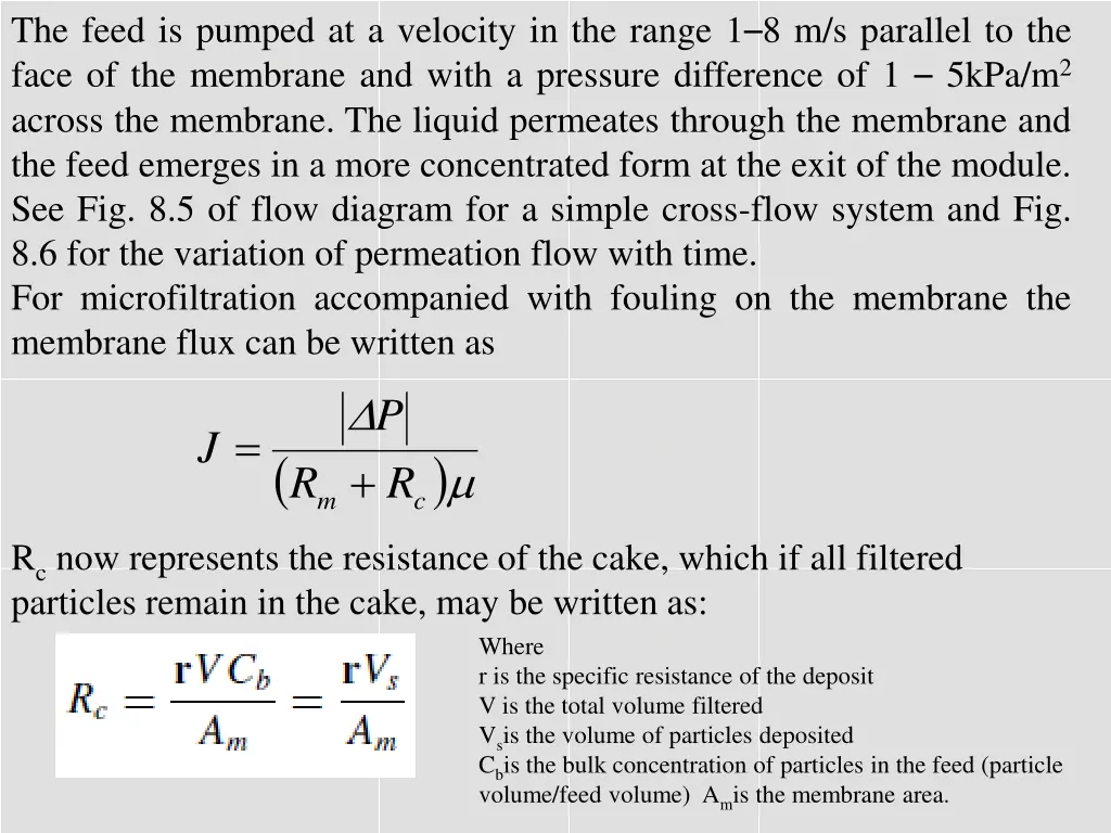 the feed is pumped at a velocity in the range