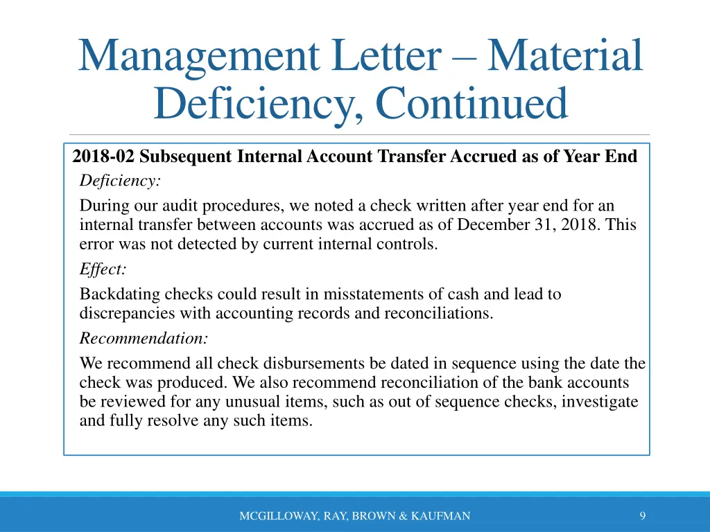 management letter material deficiency continued 1