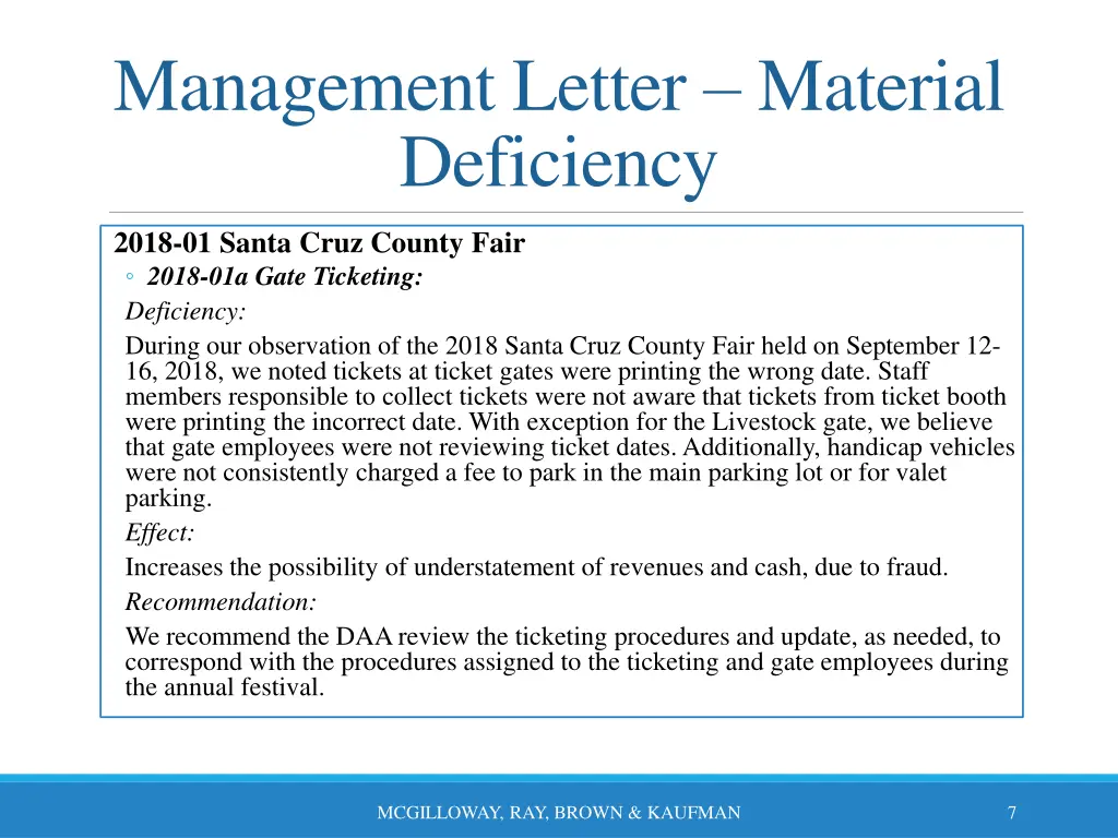 management letter material deficiency