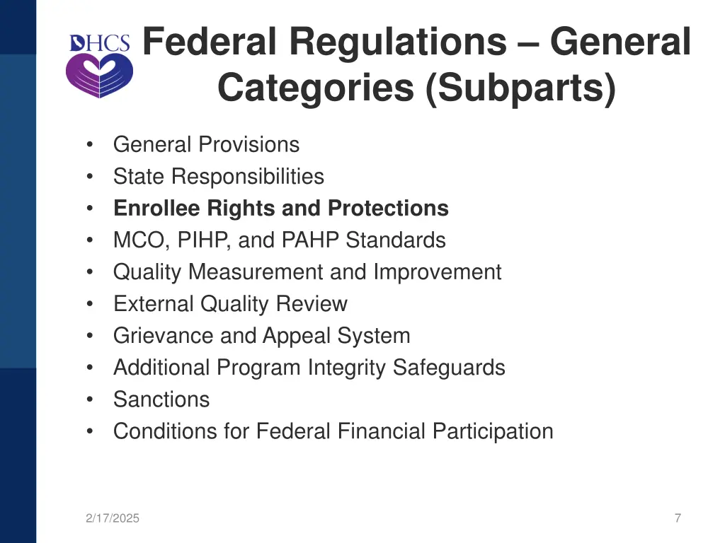 federal regulations general categories subparts