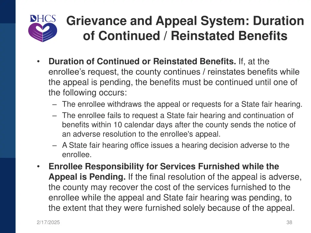 grievance and appeal system duration of continued