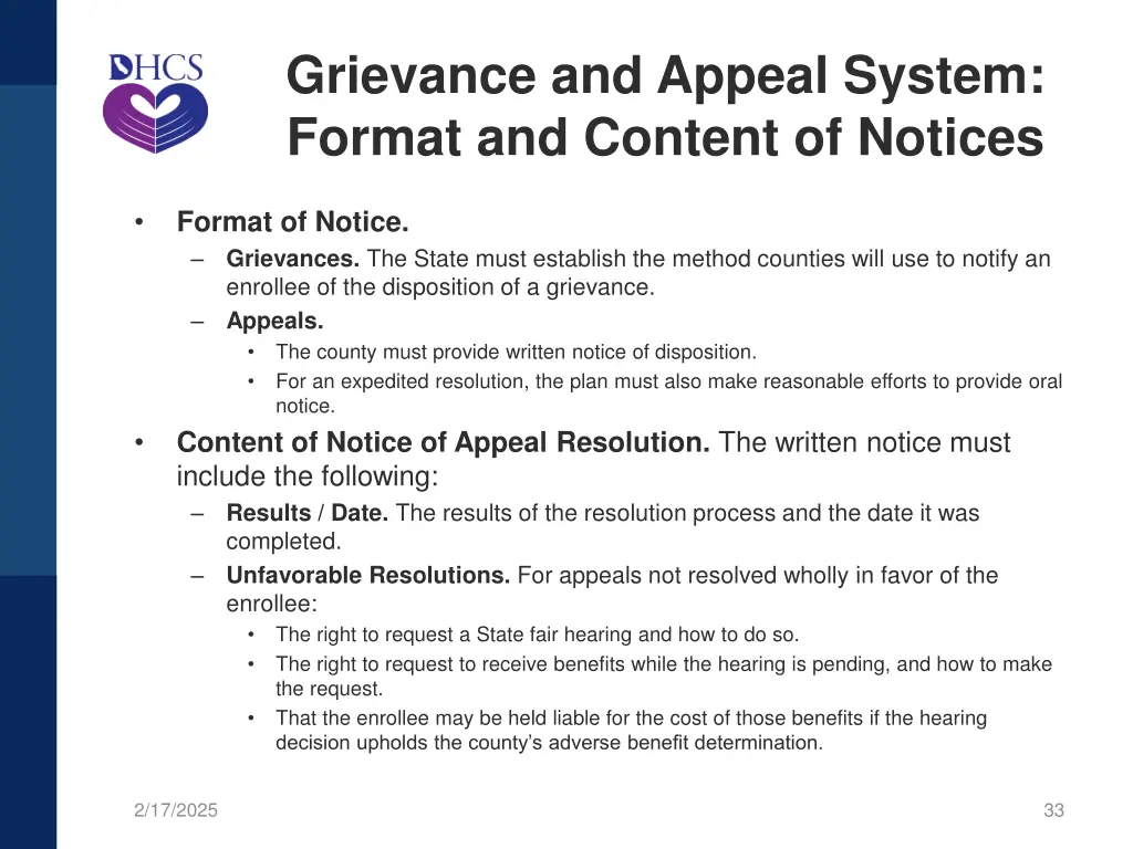 grievance and appeal system format and content