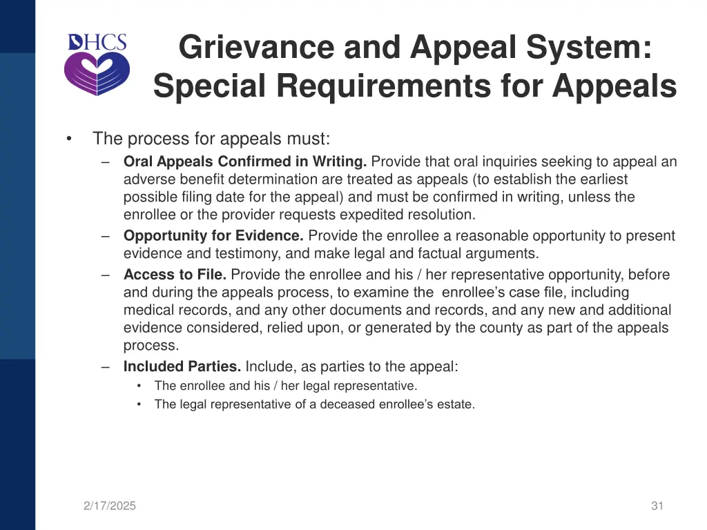 grievance and appeal system special requirements