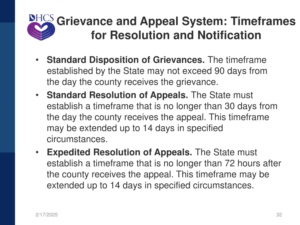 grievance and appeal system timeframes