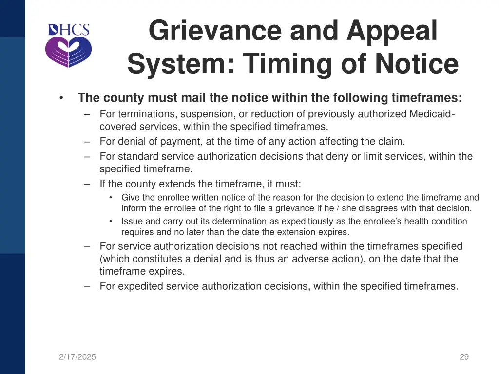 grievance and appeal system timing of notice