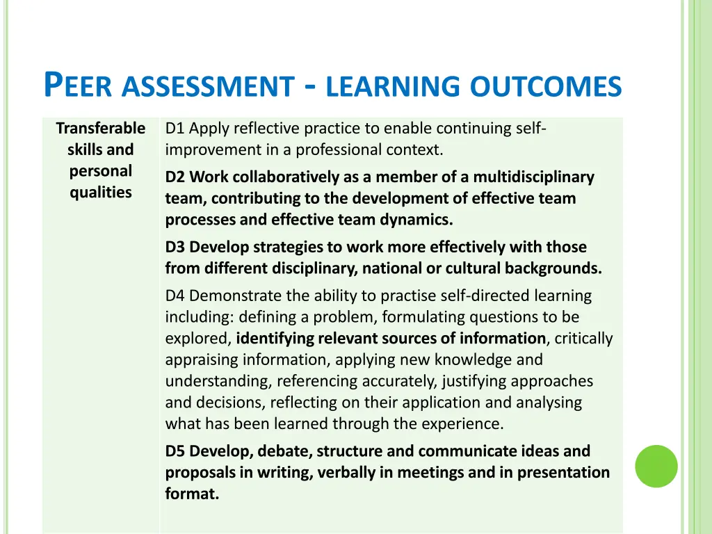 p eer assessment learning outcomes