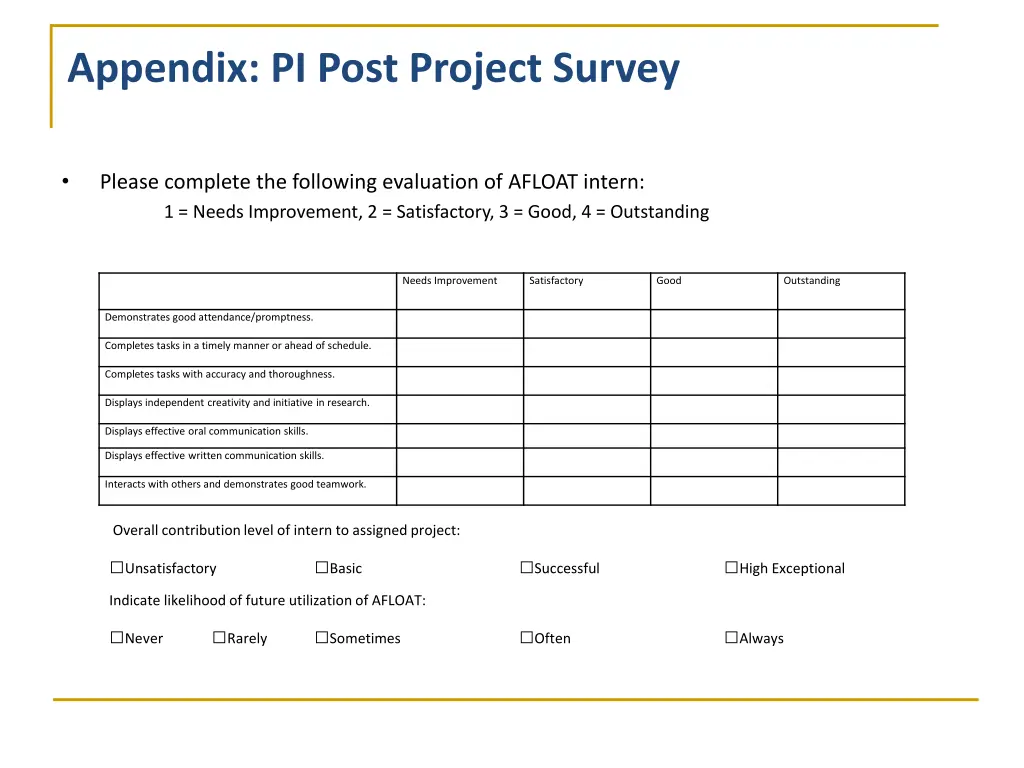 appendix pi post project survey