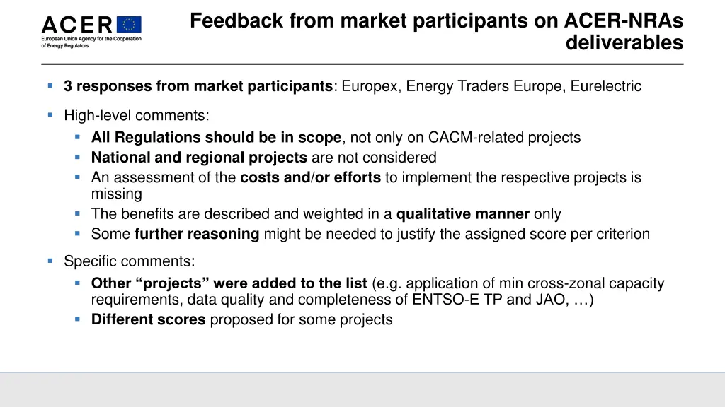 feedback from market participants on acer nras