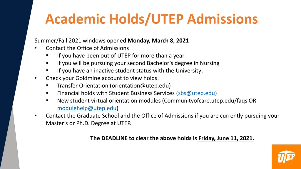 academic holds utep admissions