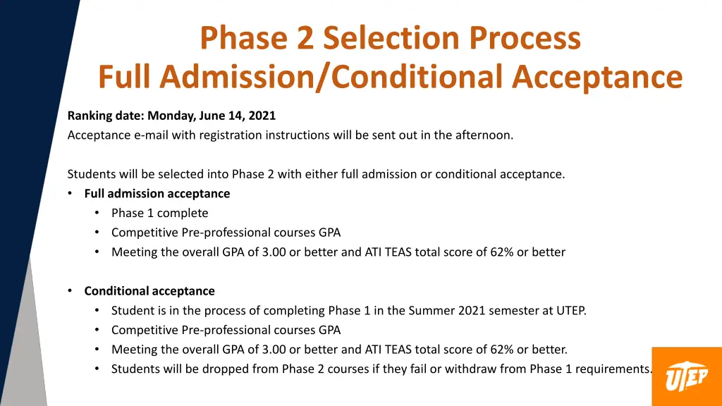 phase 2 selection process full admission