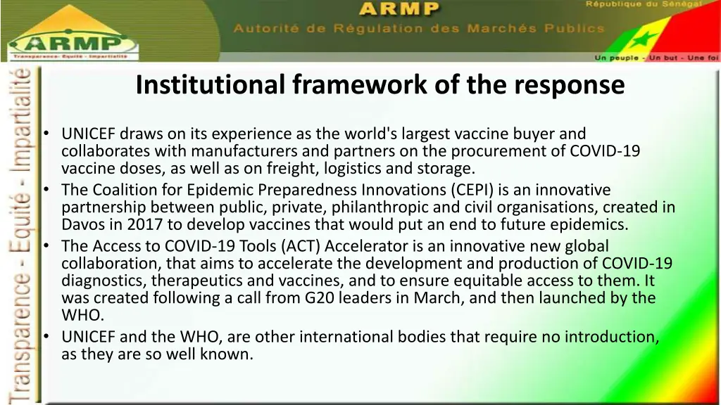 institutional framework of the response