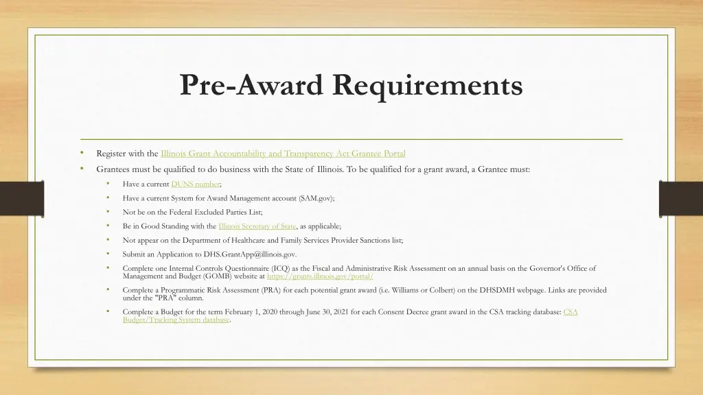 pre award requirements