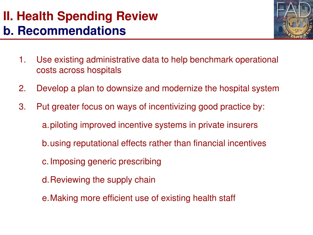 ii health spending review b recommendations
