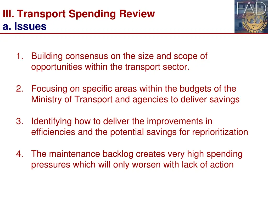 iii transport spending review a issues