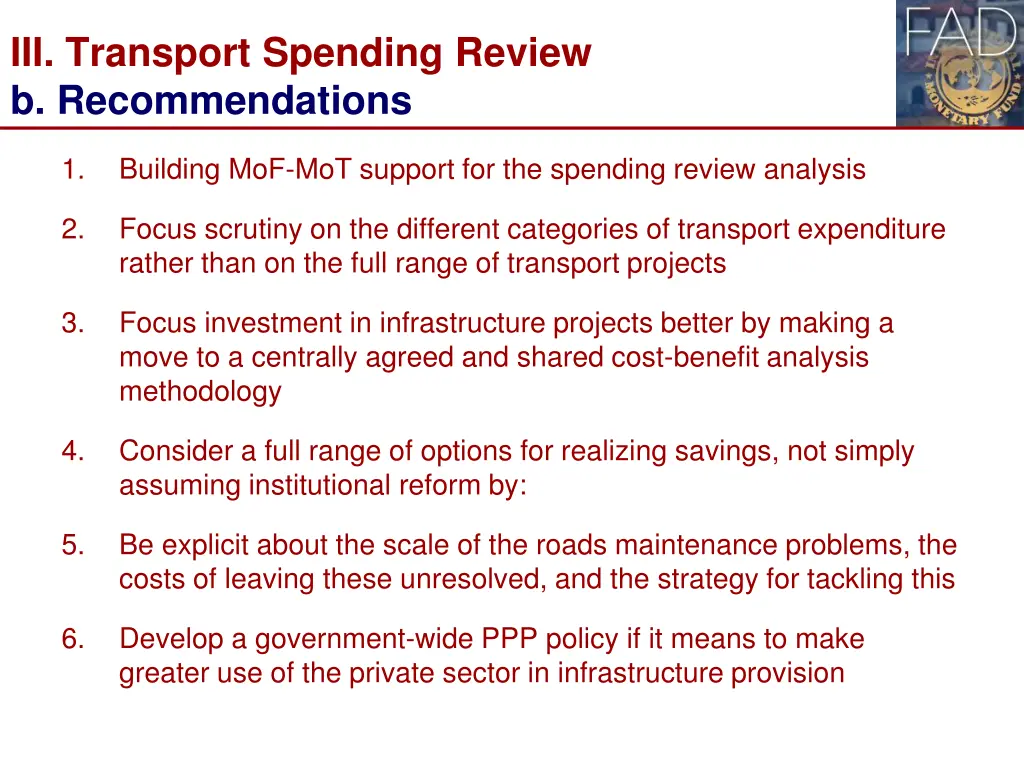 iii transport spending review b recommendations