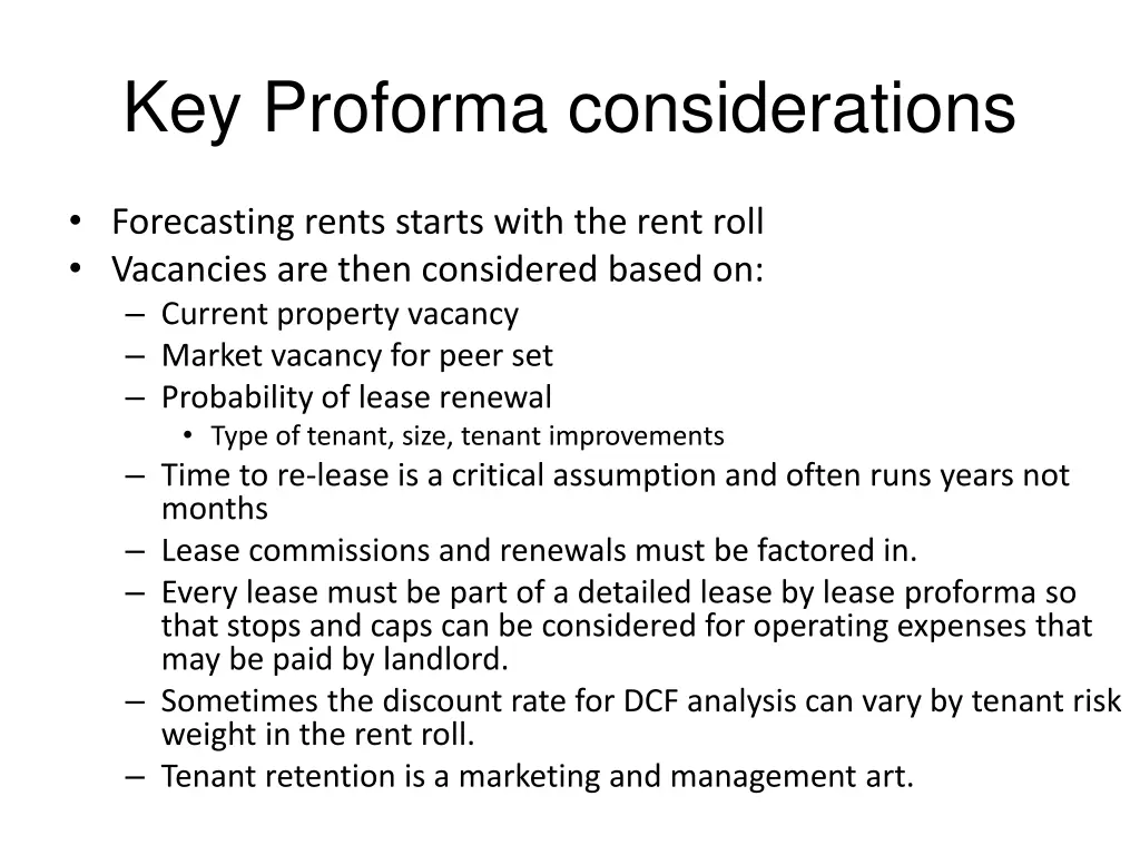 key proforma considerations