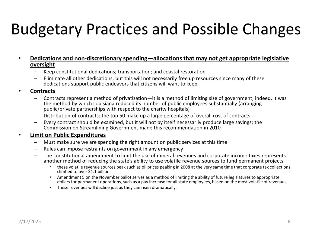 budgetary practices and possible changes