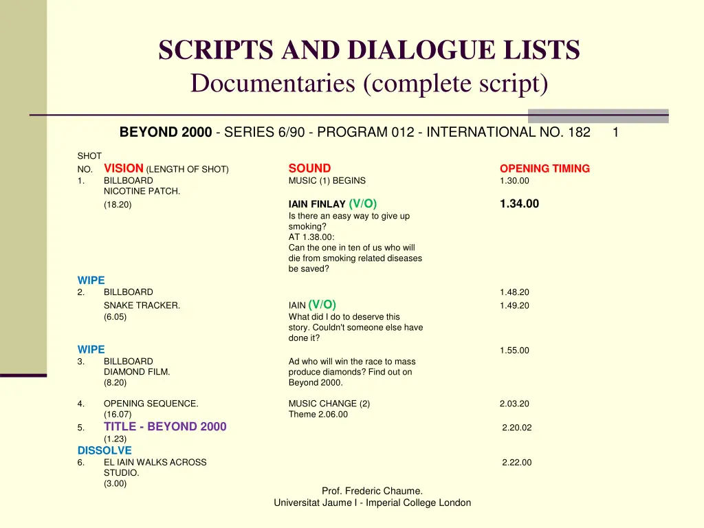 scripts and dialogue lists documentaries complete