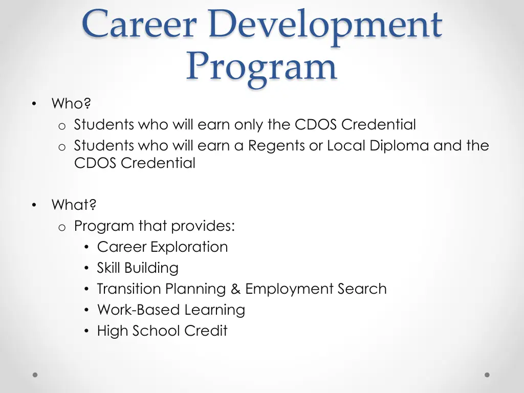 career development program who o students