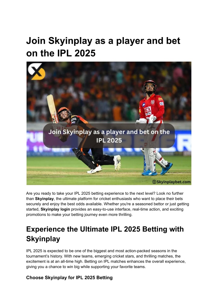 join skyinplay as a player and bet on the ipl 2025