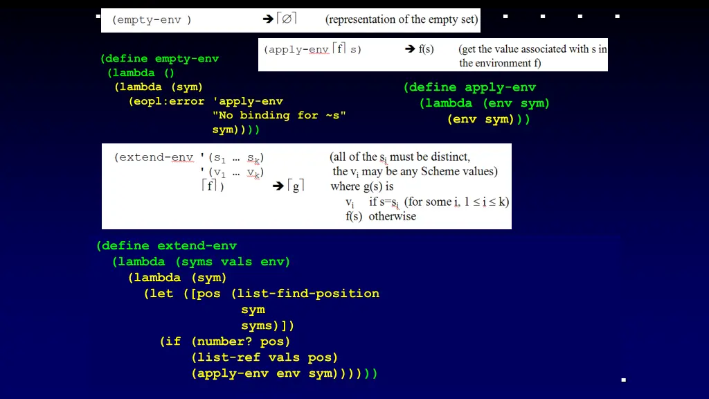 define empty env lambda lambda sym eopl error
