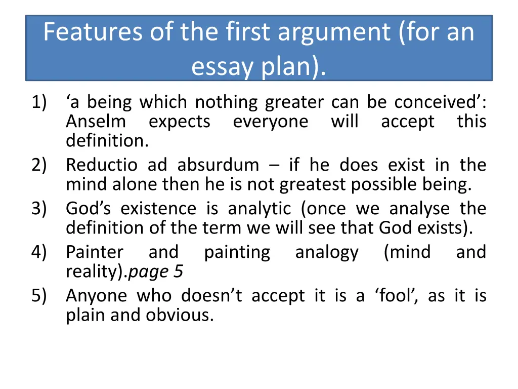 features of the first argument for an essay plan