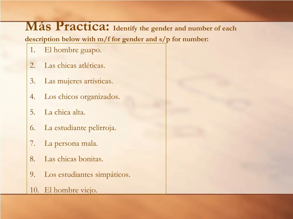 m s practica identify the gender and number