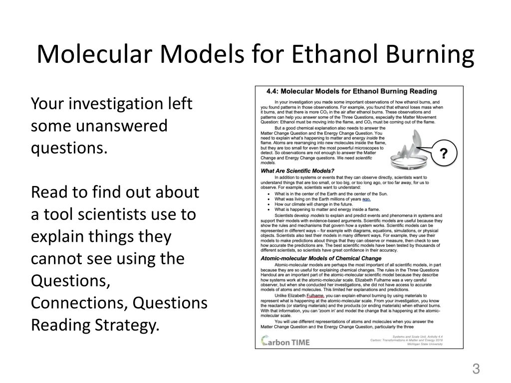 molecular models for ethanol burning