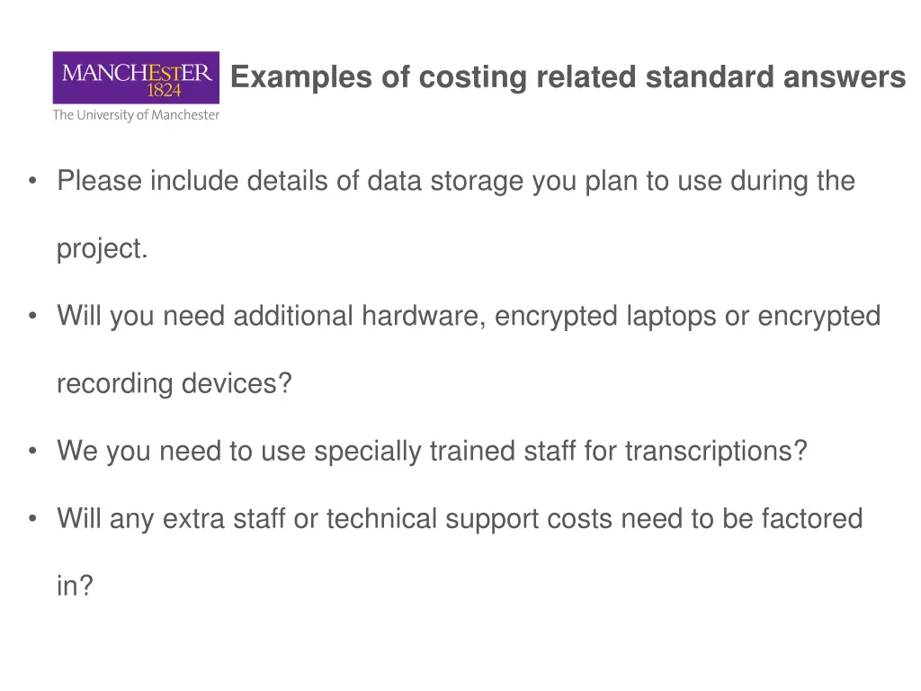 examples of costing related standard answers