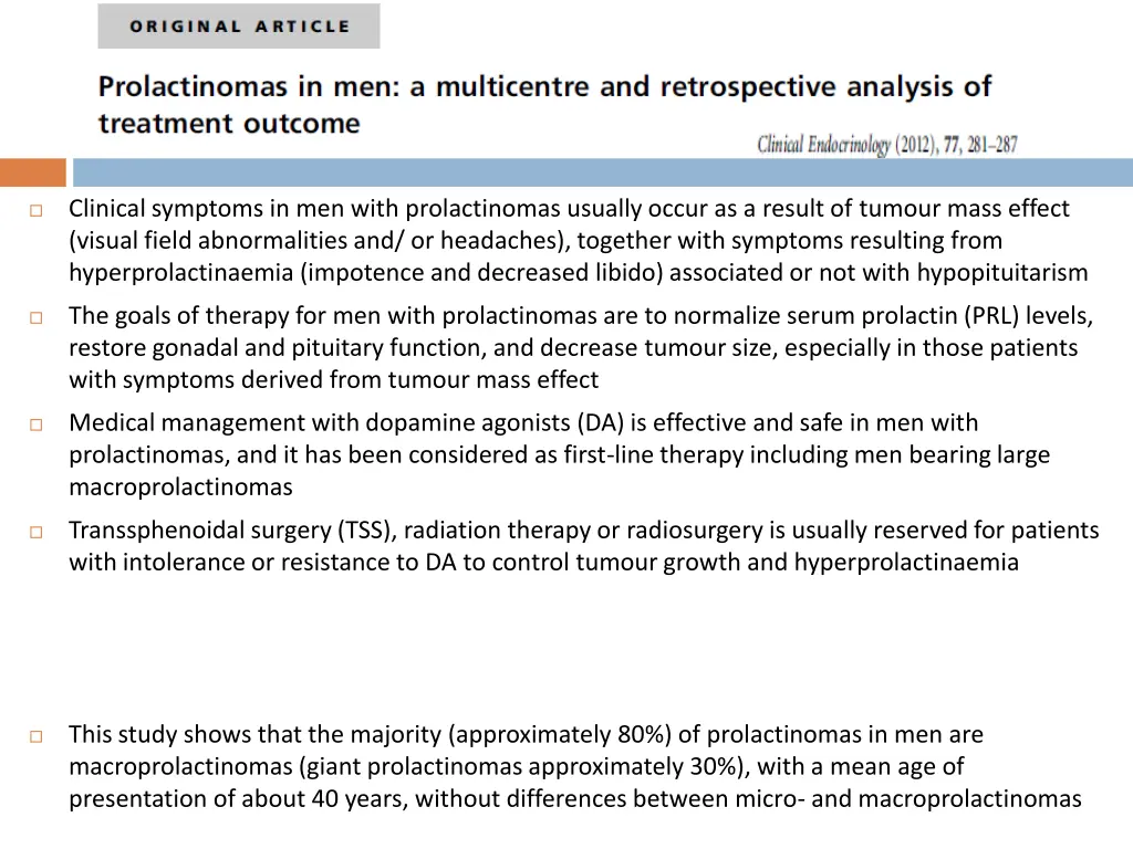 clinical symptoms in men with prolactinomas