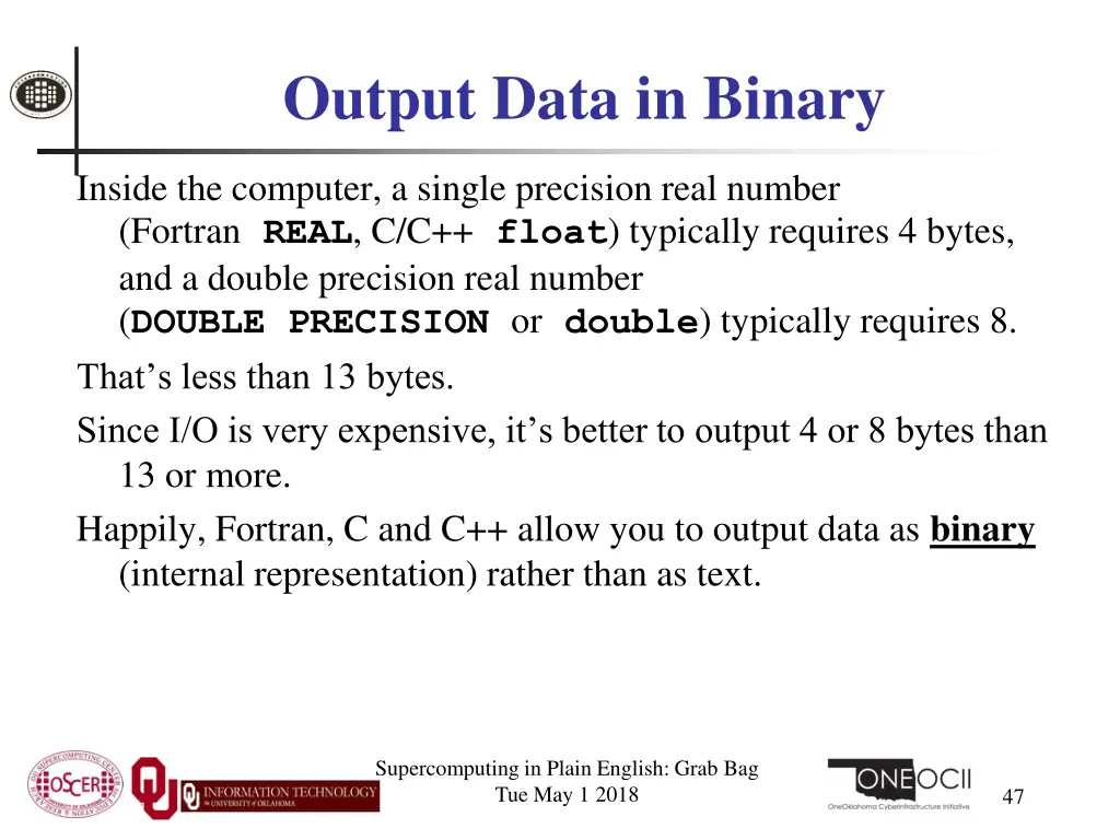output data in binary