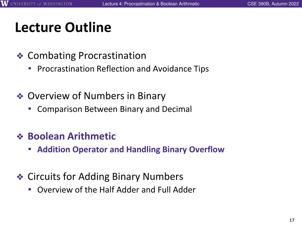 lecture 4 procrastination boolean arithmetic 16