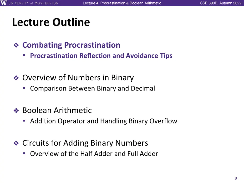 lecture 4 procrastination boolean arithmetic 2