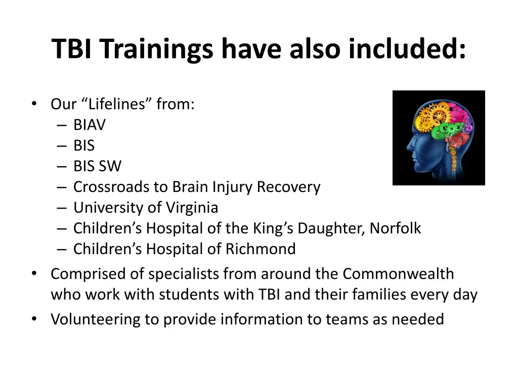 tbi trainings have also included 1