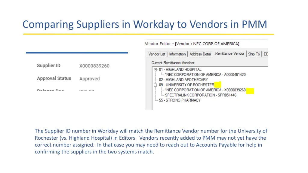 comparing suppliers in workday to vendors in pmm