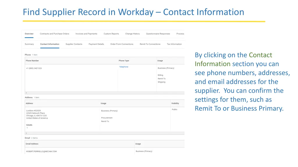 find supplier record in workday contact