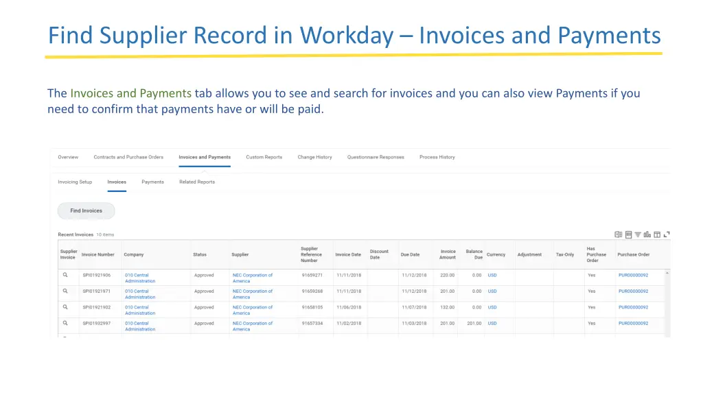 find supplier record in workday invoices