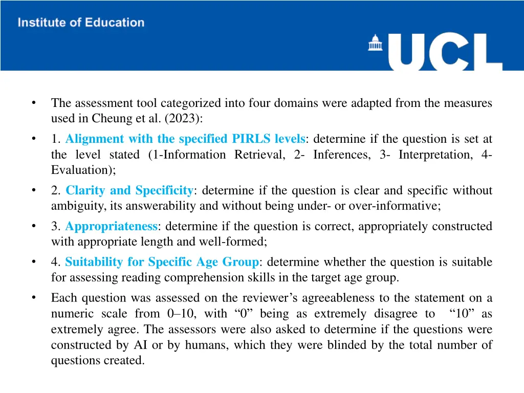 the assessment tool categorized into four domains
